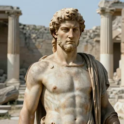 portrait of Achilles, standing in ruins, fallen columns, highly detailed face, photo realistic, facial features, tom chambers photography