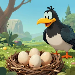 Goofy laying eggs in a nest while big bird watches on, a proud and loving look on his face, digital artwork