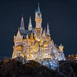marvellous castle made of crystal and glass in a dark mountain during golden hour, detailed, intricate, glorious lighting, dark sky, stars, masterwork composition, cgsociety, caspar david friedrich, strong presence