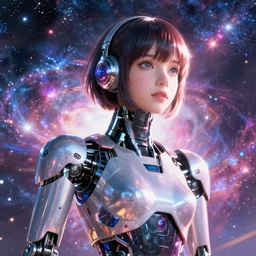 makoto shinkai. robotic android girl. futuristic cyberpunk. dystopia. vibrant nebula sky. android.
