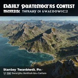 an artist's rendering of a landscape with mountains and a body of water, a matte painting by stanley twardowicz, shutterstock contest winner, space art, terragen, matte painting, sketchfab