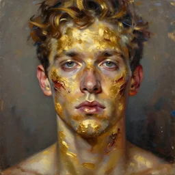 a man with wounds filled with gold, abstract portrait, oil painting