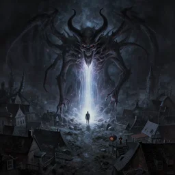 a demonic magical ethereal portal!!! to hell. set in a small town. dark matte painting by noah bradley and raphael lacoste and ruan jia and marc simonetti