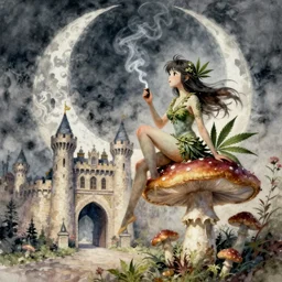 cannabis smoking fairy sitting on a mushroom under the crescent moon ,dynamic composition, motion, ultra-detailed, incredibly detailed, a lot of details, amazing fine details and brush strokes, colorful and grayish palette, smooth, HD semirealistic anime CG concept art digital painting, watercolor oil painting of epic castle gate