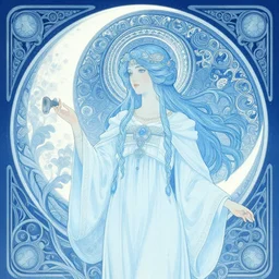 priestess of the moon, pale blue color scheme, intricate illustration by krenz cushart, alphonse mucha, artgerm, trending on artstation