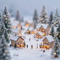 dream a miniature festive and christmas village in the snow, tilt - shift, lit up christmas trees, winter atmosphere, soft filter, photography, depth of field