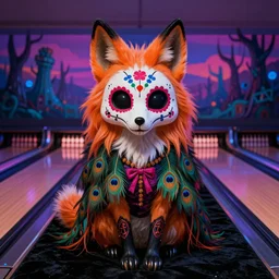 a photorealistic portrait of dia de los muertos fox shaped sugar skull kitsune wearing long fluffy furs and ears, clothes themed on a peacock, painting by jeff easley, stylized, neon, black velvet, bowling alley carpet, dnd beyond, fae wilds sky