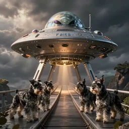 alien ufo bridge being operated by schnauzers
