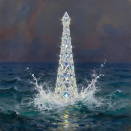 a delicate sparkling diamond fantasy tower splashes upwards from a turbulent ocean, dramatic lighting, rich colors, sunlight shimmering off the tower and the water and the spray, beautiful oil painting trending on artstation