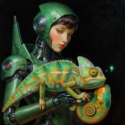 close - up shot, futuristic japanese sci - fi robot woman holding a chameleon. reflective textures. deep green and orange tones. black background. highly detailed science - fiction painting by norman rockwell, moebius, frank frazetta, syd mead, donato giancola. rich colors, high contrast. artstation