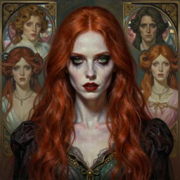 portrait painting of a devious pale woman with green eyes and long red hair wearing stylish clothes, ultra realistic, concept art, intricate details, eerie, highly detailed, photorealistic, octane render, 8 k, unreal engine. art by artgerm and greg rutkowski and charlie bowater and magali villeneuve and alphonse mucha