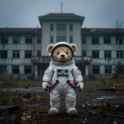 lomo photo of teddy bear in spacesuit staying in front of abandoned hospital, dark, moody, foggy, gloomy.