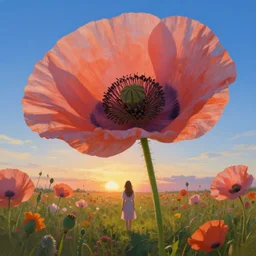 closeup, giant poppy flower head, girl standing in a field of flowers, surreal photography, sunrise, blue sky, dramatic light, impressionist painting, digital painting, artstation, simon stalenhag