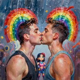 two gay men kissing as rainbows explode their heads, oil painting  Madison Beer as a video game character, digital art, unreal engine, unreal engine render, blender render, render, 4k, coherent