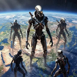 a matte painting of mass effect Reapers invading earth, vaporware aesthetic, brilliant colors, very coherent, futuristic, trending on artstation, HD, 4k, 8k