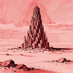 a desolate vast infinite desert landscape with a lonely looming highly detailed greebled brutalist tower of babel monolith in the center, drawn by tsutomu nihei and painted by zdzislaw beksinski, inked in bright red ink, crimson