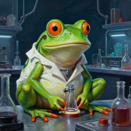 a photorealistic highly detailed painting of a y 2 k 1 9 8 0's frog mad scientist in a laboratory by johfra bosschart, lisa frank, kinkade, visionary art, dark fantasy art, high detail, trending on artstation