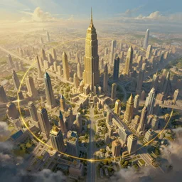 A beautiful painting of a large fantasy megalopolis seen from the sky, cinematic composition, concept art, golden ratio, matte painting, Marc Simonetti, Sergey Vasnev, Anato Finnstark, artstation, 8k, high resolution