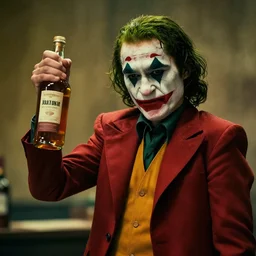 cinematic shot of the joker holding a bottle of whiskey in a saloon