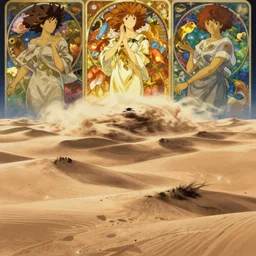 anime movie screenshot, by yoshitaka amano, by ( ( ( ( alphonse mucha ) ) ) ), movie poster for ghibli nausicaa!!!!!, desert!!!!!!!!!!!, sand, wind, miyazaki