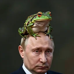 frog sitting on Putin's head, photorealistic