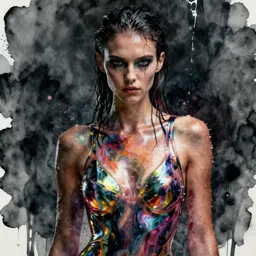 fierce wet fashion model, in the style of irakli nadar, liquid metal top, effervescent, colourful, dark, brooding, poster art, high detail, hyperrealistic watercolor, deep mood, hyperrealism, 3 d, epic and cinematic, roger deakins on cinematography