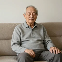 older man is sitting gracefully on a sofa