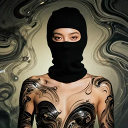 beautiful woman in liquid fluid simulation, female upper body, beautiful supermodel, black wave patterns, cinematic light, cinestill, film still, body portrait, geisha, optical illusion, art noveau, female balaclava