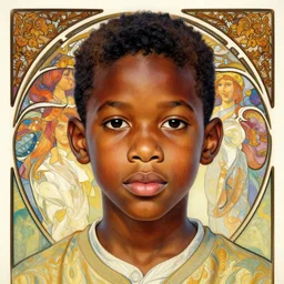 colourful upper half caricature portrait of an african boy in magazine collage style, art by drew struzan & alphonse mucha, highly detailed, digital painting, ray tracing, concept art, illustration, smooth sharp focus, intricate, symmetry, artstation,