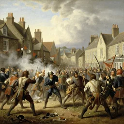 English town being sacked by Normans, matte painting, by John Constable and Paul Nash