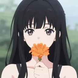 pale anime girl with black hair, holding brugmansia flower in her hand, colour