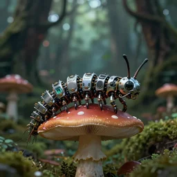 intricate mechanical caterpillar sitting on top of a mushroom in a magical forest. Very detailed 8k. Fantasy cyberpunk horror. Sharp. Cinematic post-processing