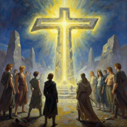 epic oil painting of zeta cohort gathering in a virtual realm around a huge stone monument shaped like zeta, radiant light, concept art, epic zeta symbol statue, by shinkai, kinkade, stella, mckie, alex grey, bluth, pranckevicius, graaf, chris moore, gric, masson, aivazosky, despain, bonestell.