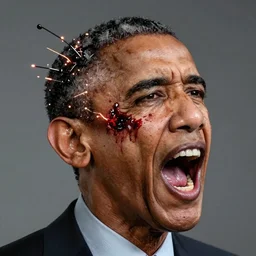 uhd hyperrealistic photorealisitc hyperdetailed detailed barack obama head exploding, puking blood, screaming, with sparking circuits, studio lighting, by ayami kojima amano karol bak, greg hildebrandt and mark brooks