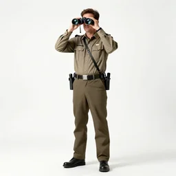 stoic park ranger with binoculars, photorealistic portrait photography, full body, standing, isolated on a pure white background, centered, whole figure in frame, sharp focus, studio lighting