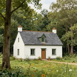 cottage in the forest, art by norman rockwell