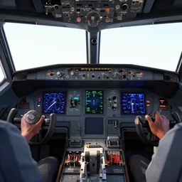 a cockpit view of a boing 7 6 7 steered by a hell demon, high quality, highly detailed, 3 d rendered, rendered with blender