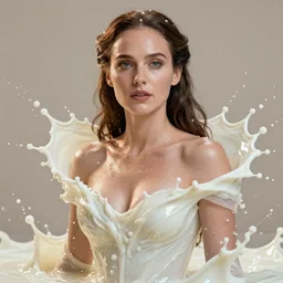 nathalie portman as padme amidala wearing a risque outfit made from splashes of milk, half body portrait, greg kutkowski, sharp details, soft lighting, subsurface scattering, pearls of sweat, glistening skin, warm lighting