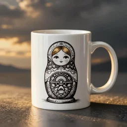 a white coffee mug with a image of ( ( ( a russian nesting doll, pen sketch, line art, detailed ) ) ) on the side, high definition photography, studio lighting, professional, detailed, golden hour