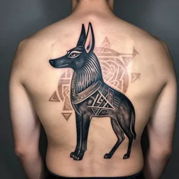 back tattoo, Anubis, Egyptian geometry tattoo