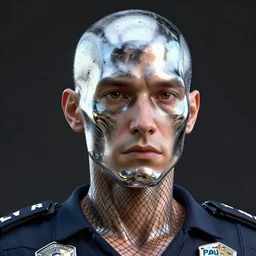 police, 8 k uhd, unreal engine, reflected chrome, octane render in the artstyle of craig mallismo, artgerm, jeremy lipkin and michael garmash, unreal engine 5, highly detailed face, true anatomy!, extremely detailed!, fishnets, dystopian, details visible, octane render, photography