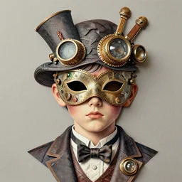steampunk boy, super detailed intricate mask, collage in the style of hannah hoch made with printed paper cutouts