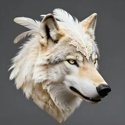 a cool realistic aggressive wolf head made of ivory feathers and lace
