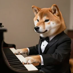 a shiba inu man mutant playing a piano,wearing a tuxedo suit,digital art,ultra realistic,ultra detailed,art by greg rutkowski,hyperdetailed,detailed face,professional lighting,dramatic,3 point lighting