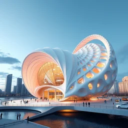 santiago calatrava design ; a beautiful hyperrealistic ultradetailed 3 d render of an hybrid nautilus and squid shaped museum in the city, by brian sum and stephen martiniere and antonio manzanedo. mech, unreal engine, octane render, pbr, 3 d, brilliantly colored, intricate, wide angle, volumetric lighting, polished, path tracing,