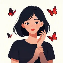 illustration of a beautiful young lady in love wearing a dark shirt with butterflies flying around her, clean cel shaded vector art. shutterstock. behance hd by lois van baarle, artgerm, helen huang, by makoto shinkai and ilya kuvshinov, rossdraws, illustration, art by ilya kuv, black and red
