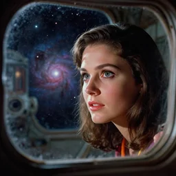 face close-up of Mila Kunis exploring an eerie derelict space station, stary nebula through window, 1960s, Ludek Pesek, colorful accents, Rick Guidice, Chesley Bonestell, Lucien Rudaux, Rolf Klep, Fred Freeman, George Pal