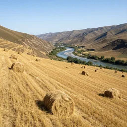 field of hay, slopes down away from viewpoint, a river in valley