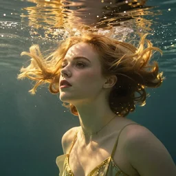 Elle Fanning, head and shoulders masterpiece, in rapture, golden hour, underwater, art-station, in the style of Art Deco and Edward Hopper and Bosch, extremely detailed