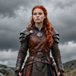 north female warrior, red hair, ginger hair, long hair, fantasy, female Viking, high detailed, photography, cloudy, lightweight leather armour, Scandinavia, plain, detailed face, cute face, look into the distance, professional model, glowing skin, serious face, full body, professional photographer, masterpiece, 8k, 3D